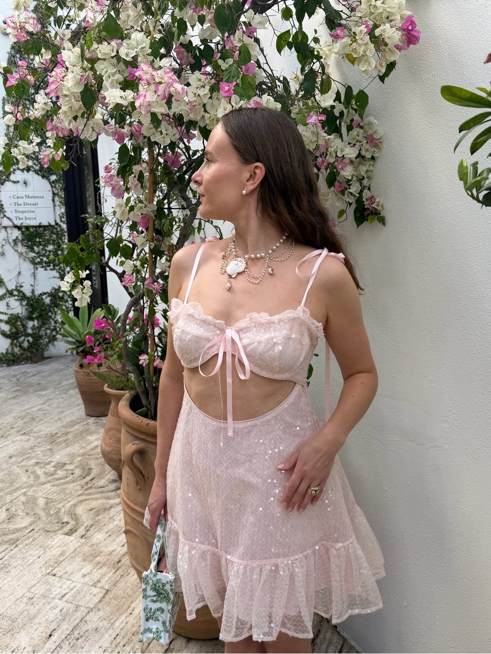 Selkie Pale Pink Sequin Cutout Mini Dress